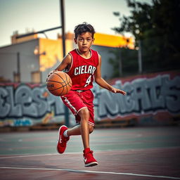 A young male basketball player in motion, dribbling a basketball on an outdoor court