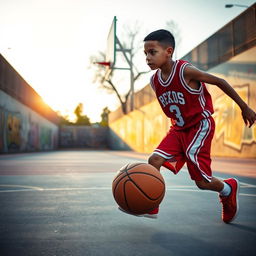 A young male basketball player in motion, dribbling a basketball on an outdoor court