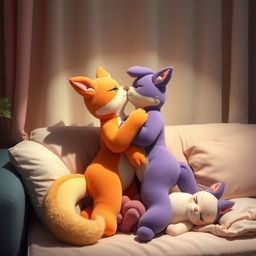 A cozy and comfortable room featuring a scene of female anthropomorphic plush animals engaged in an intimate and tender moment