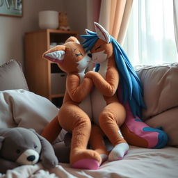 A cozy and comfortable room featuring a scene of female anthropomorphic plush animals engaged in an intimate and tender moment