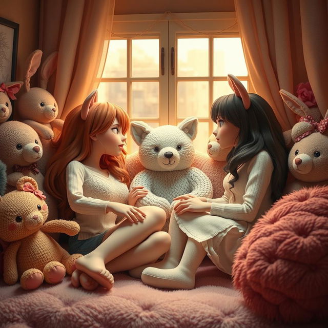 A cozy room filled with an assortment of female anthropomorphic stuffed animals, depicted as engaging in a lesbian romantic encounter