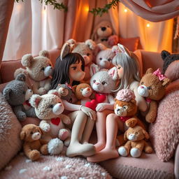 A cozy room filled with an assortment of female anthropomorphic stuffed animals, depicted as engaging in a lesbian romantic encounter