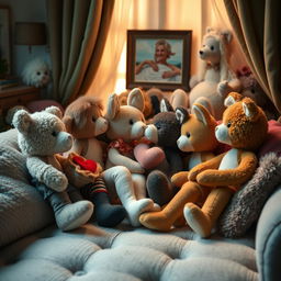 A cozy room filled with an assortment of female anthropomorphic stuffed animals, depicted as engaging in a lesbian romantic encounter