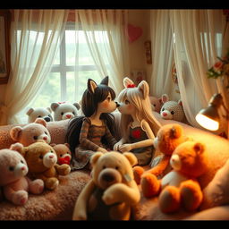 A cozy room filled with an assortment of female anthropomorphic stuffed animals, depicted as engaging in a lesbian romantic encounter