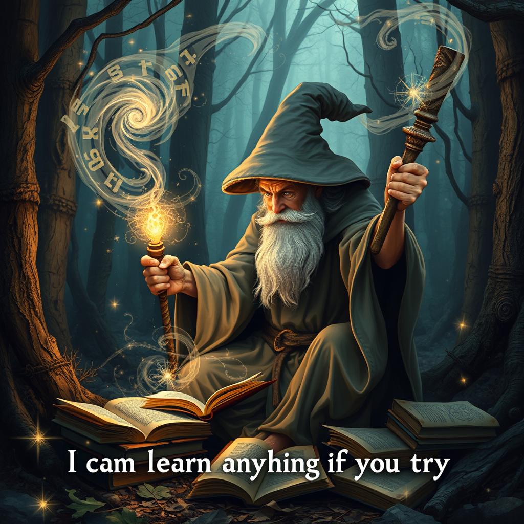 A wise wizard in a mystical forest, focused and determined, crafting a magical spell