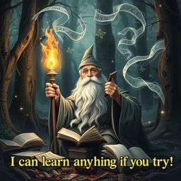 A wise wizard in a mystical forest, focused and determined, crafting a magical spell