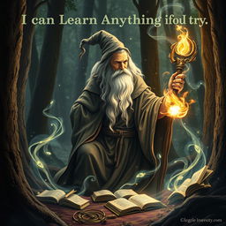 A wise wizard in a mystical forest, focused and determined, crafting a magical spell