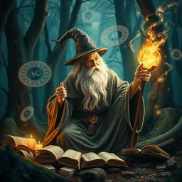 A wise wizard in a mystical forest, focused and determined, crafting a magical spell