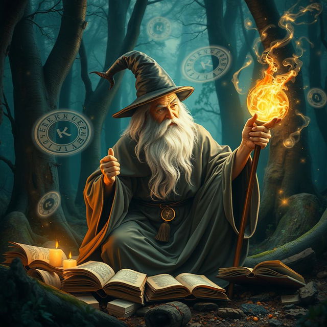 A wise wizard in a mystical forest, focused and determined, crafting a magical spell