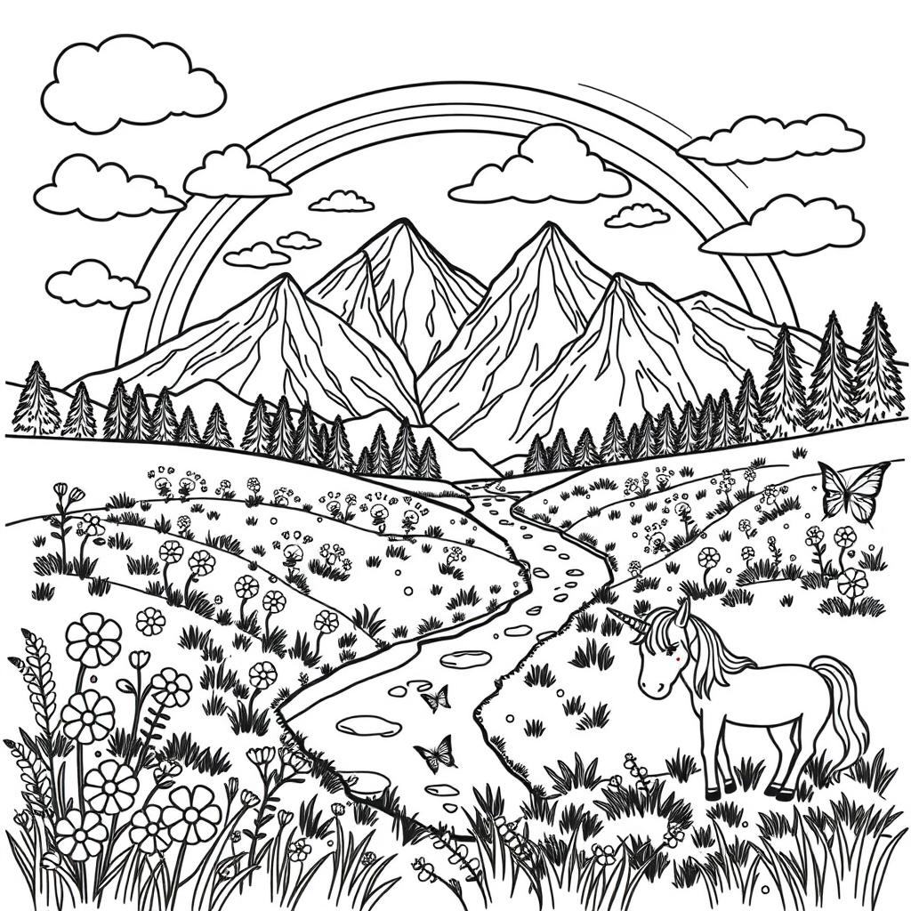 A whimsical coloring book page featuring a fantastical landscape