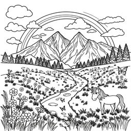 A whimsical coloring book page featuring a fantastical landscape