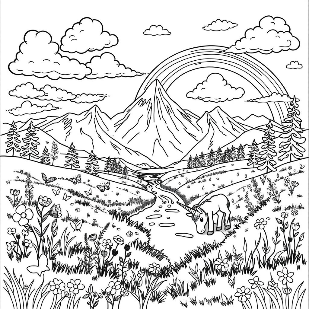 A whimsical coloring book page featuring a fantastical landscape