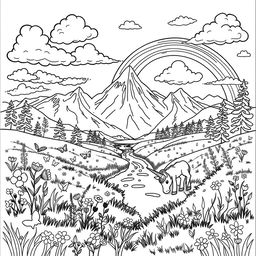 A whimsical coloring book page featuring a fantastical landscape