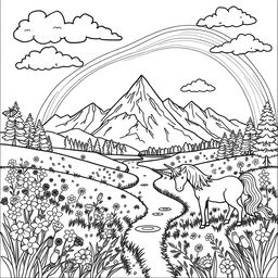 A whimsical coloring book page featuring a fantastical landscape