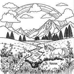 A whimsical coloring book page featuring a fantastical landscape