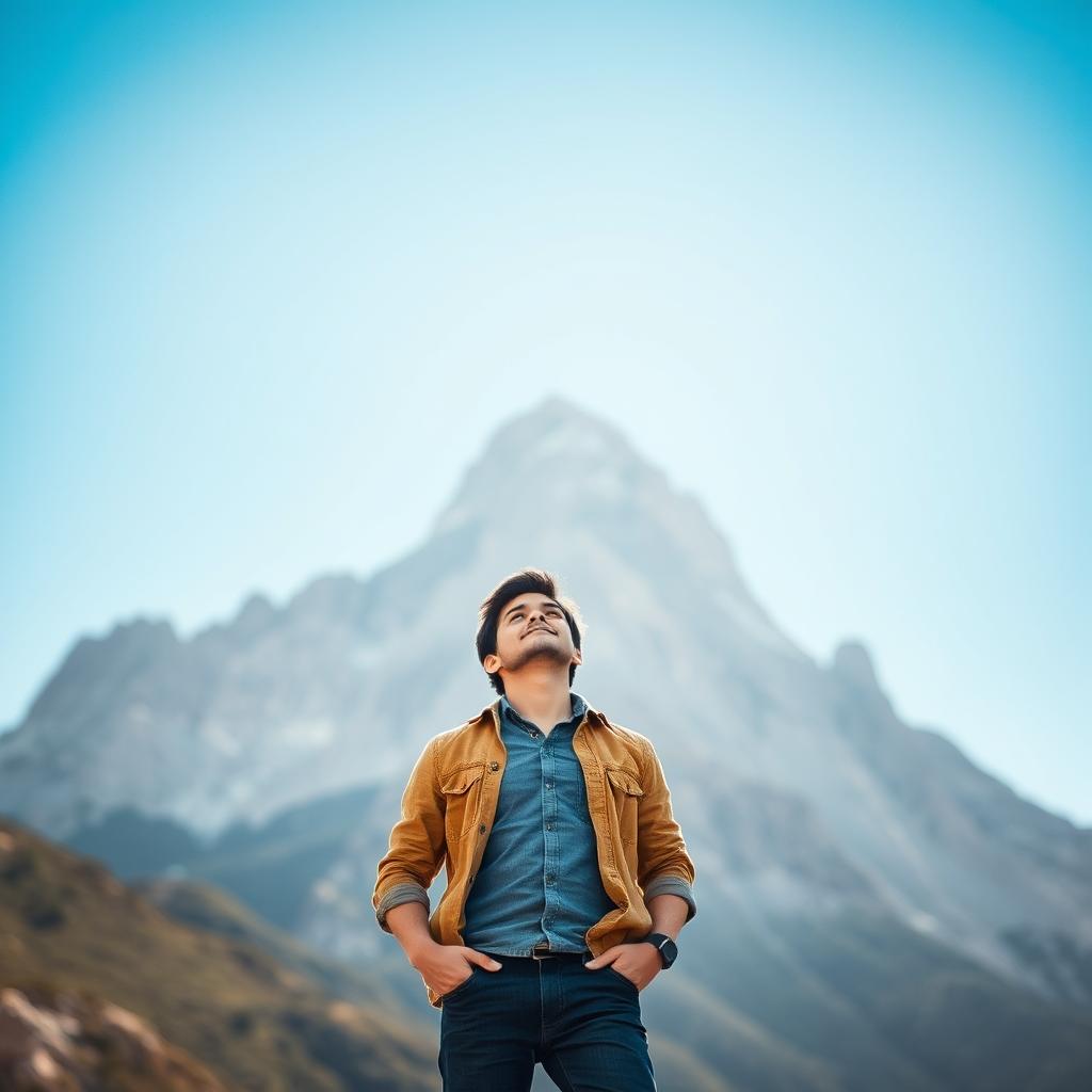 A determined individual standing at the base of a mountain, gazing upwards with a confident expression, symbolizing their belief in learning and conquering challenges