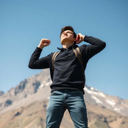 A determined individual standing at the base of a mountain, gazing upwards with a confident expression, symbolizing their belief in learning and conquering challenges