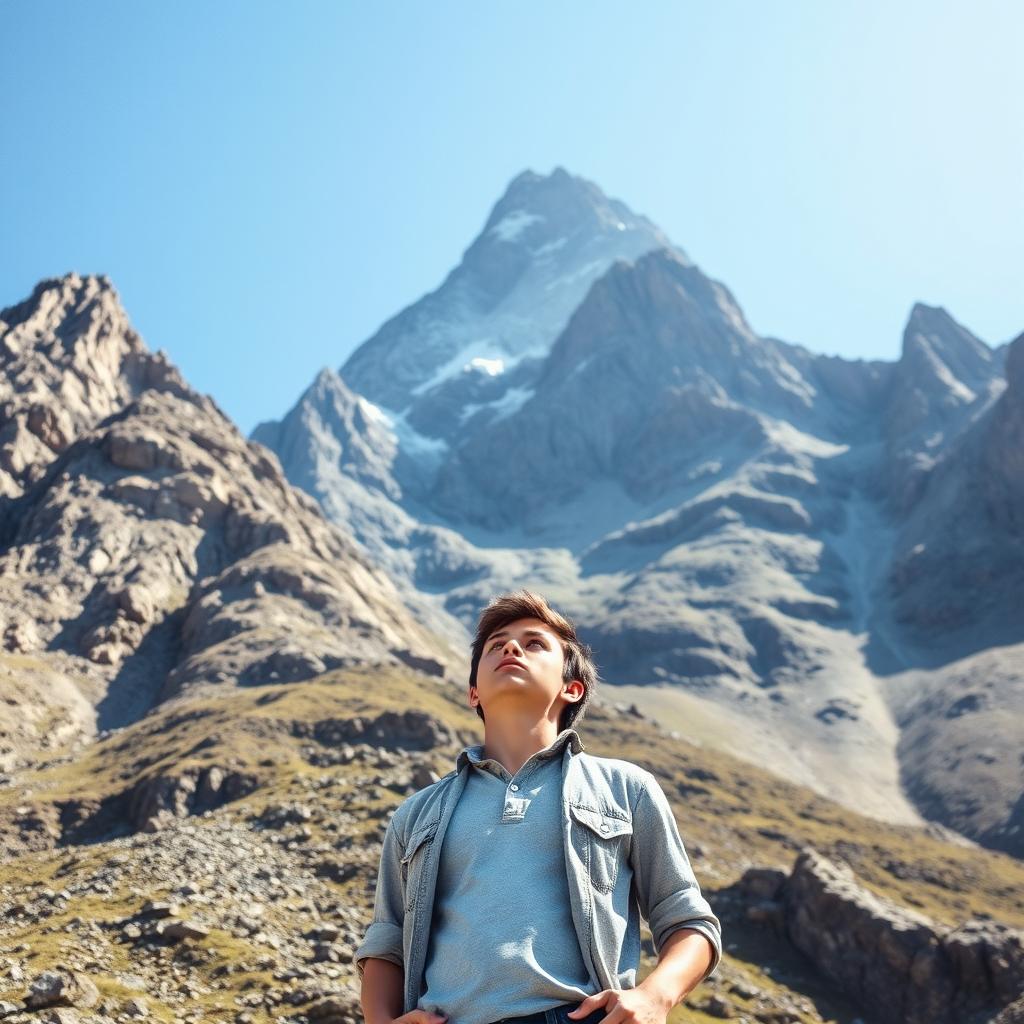 A determined individual standing at the base of a mountain, gazing upwards with a confident expression, symbolizing their belief in learning and conquering challenges