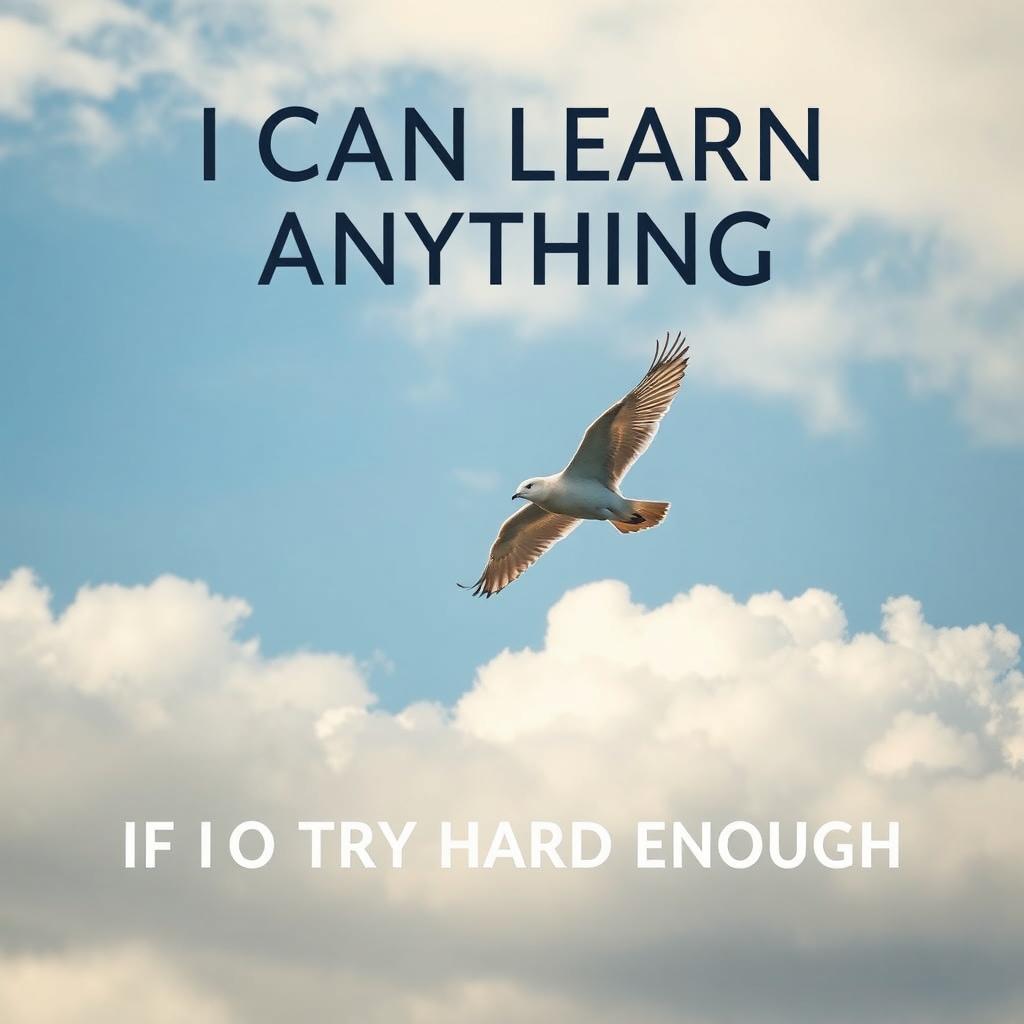 A motivational poster featuring the phrase "I can learn anything if I try hard enough" in bold, uplifting font