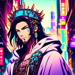 Anime-style profile picture of Cyberpunk Tokyo Jesus with neon blue highlights in his hair and eyes, wearing a neon crown of thorns and a robe adorned with circuitry patterns against a backdrop of neon-lit Tokyo cityscape.