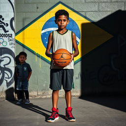 A 17-year-old Brazilian boy, a talented basketball player, stands confidently, holding a basketball in his hands