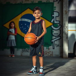 A 17-year-old Brazilian boy, a talented basketball player, stands confidently, holding a basketball in his hands