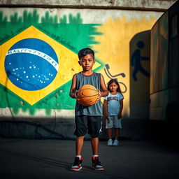 A 17-year-old Brazilian boy, a talented basketball player, stands confidently, holding a basketball in his hands