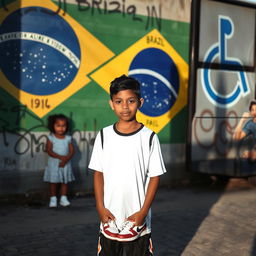 A 17-year-old Brazilian boy, a talented basketball player, stands confidently, holding a basketball in his hands