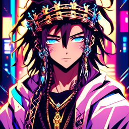 Anime-style profile picture of Cyberpunk Tokyo Jesus with neon blue highlights in his hair and eyes, wearing a neon crown of thorns and a robe adorned with circuitry patterns against a backdrop of neon-lit Tokyo cityscape.