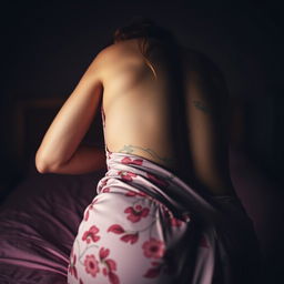 Extreme close-up of a sexy redhead, bending over a pink bed with a floral pattern sundress highlighting a round, perfect ass