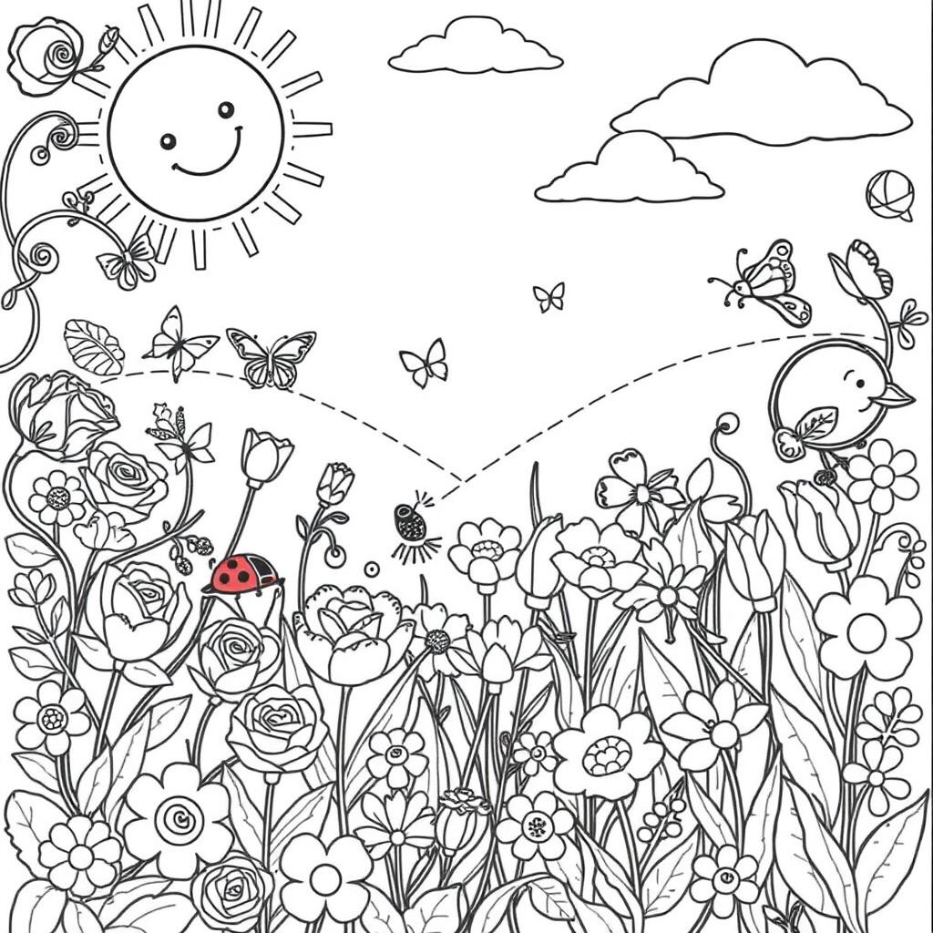 A charming, intricate coloring book page featuring a whimsical garden filled with various flowers such as roses, tulips, and daisies in full bloom