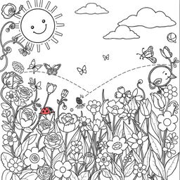 A charming, intricate coloring book page featuring a whimsical garden filled with various flowers such as roses, tulips, and daisies in full bloom