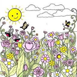 A charming, intricate coloring book page featuring a whimsical garden filled with various flowers such as roses, tulips, and daisies in full bloom