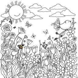 A charming, intricate coloring book page featuring a whimsical garden filled with various flowers such as roses, tulips, and daisies in full bloom