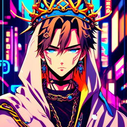 Anime-style profile picture of Cyberpunk Tokyo Jesus with neon blue highlights in his hair and eyes, wearing a neon crown of thorns and a robe adorned with circuitry patterns against a backdrop of neon-lit Tokyo cityscape.