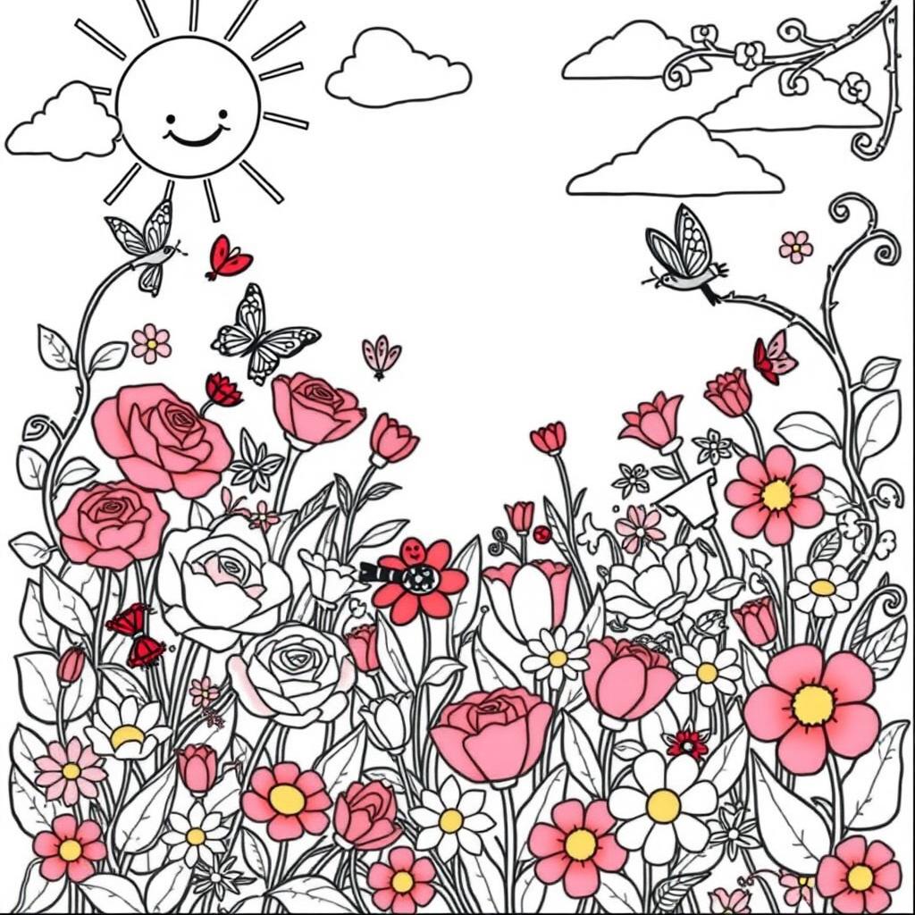 A charming, intricate coloring book page featuring a whimsical garden filled with various flowers such as roses, tulips, and daisies in full bloom