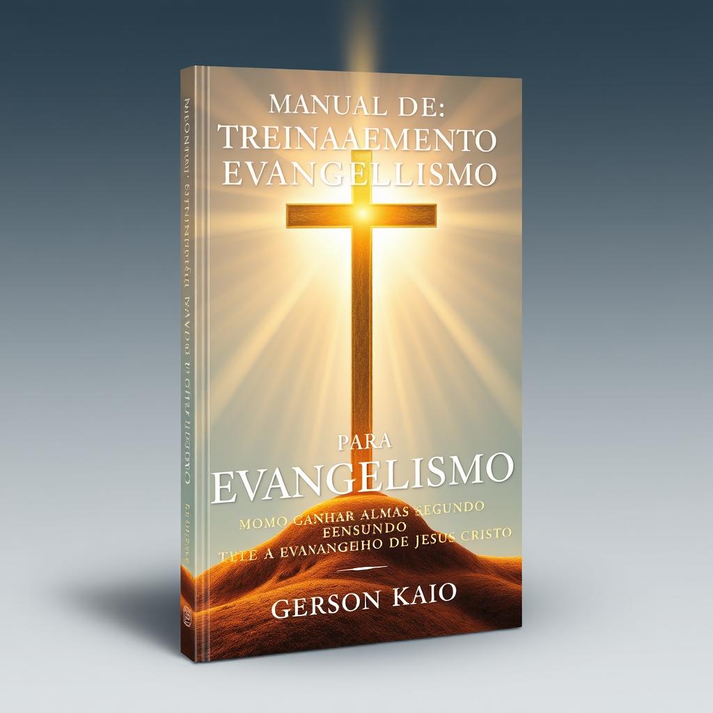 Design a captivating and spiritual book cover for the manual titled 'MANUAL DE TREINAMENTO PARA EVANGELISMO: COMO GANHAR ALMAS SEGUNDO O EVANGELHO DE JESUS CRISTO' authored by Gerson Kaio