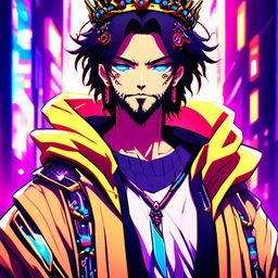 Anime-style profile picture of Cyberpunk Tokyo Jesus with neon blue highlights in his hair and eyes, wearing a neon crown of thorns and a robe adorned with circuitry patterns against a backdrop of neon-lit Tokyo cityscape.