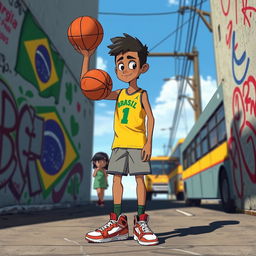 An animated scene featuring a 17-year-old Brazilian basketball player, portrayed dynamically as he holds a basketball confidently