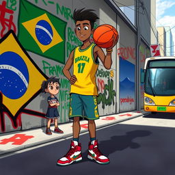 An animated scene featuring a 17-year-old Brazilian basketball player, portrayed dynamically as he holds a basketball confidently