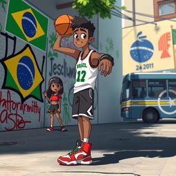 An animated scene featuring a 17-year-old Brazilian basketball player, portrayed dynamically as he holds a basketball confidently