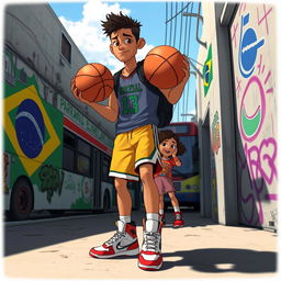 An animated scene featuring a 17-year-old Brazilian basketball player, portrayed dynamically as he holds a basketball confidently