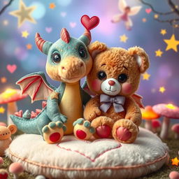 A whimsical and enchanting scene featuring a female dragon plush toy and a female bear plush toy in a loving and affectionate setting