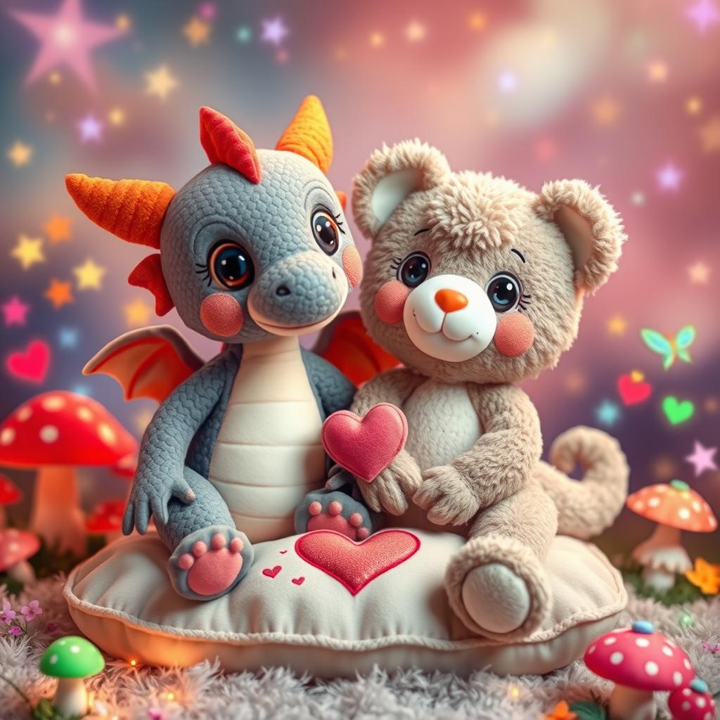 A whimsical and enchanting scene featuring a female dragon plush toy and a female bear plush toy in a loving and affectionate setting