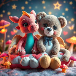 A whimsical and enchanting scene featuring a female dragon plush toy and a female bear plush toy in a loving and affectionate setting