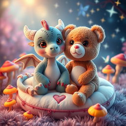 A whimsical and enchanting scene featuring a female dragon plush toy and a female bear plush toy in a loving and affectionate setting