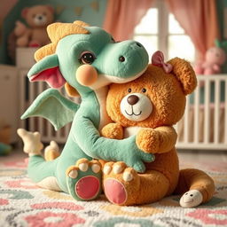 a plush dragon with female characteristics, cuddling and playfully interacting with a plush bear with feminine features, in a cozy and vibrant nursery room