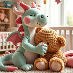 a plush dragon with female characteristics, cuddling and playfully interacting with a plush bear with feminine features, in a cozy and vibrant nursery room