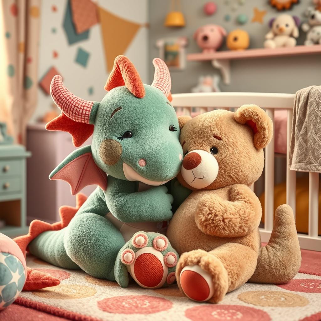 a plush dragon with female characteristics, cuddling and playfully interacting with a plush bear with feminine features, in a cozy and vibrant nursery room