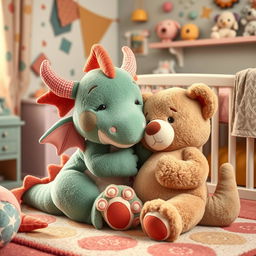 a plush dragon with female characteristics, cuddling and playfully interacting with a plush bear with feminine features, in a cozy and vibrant nursery room